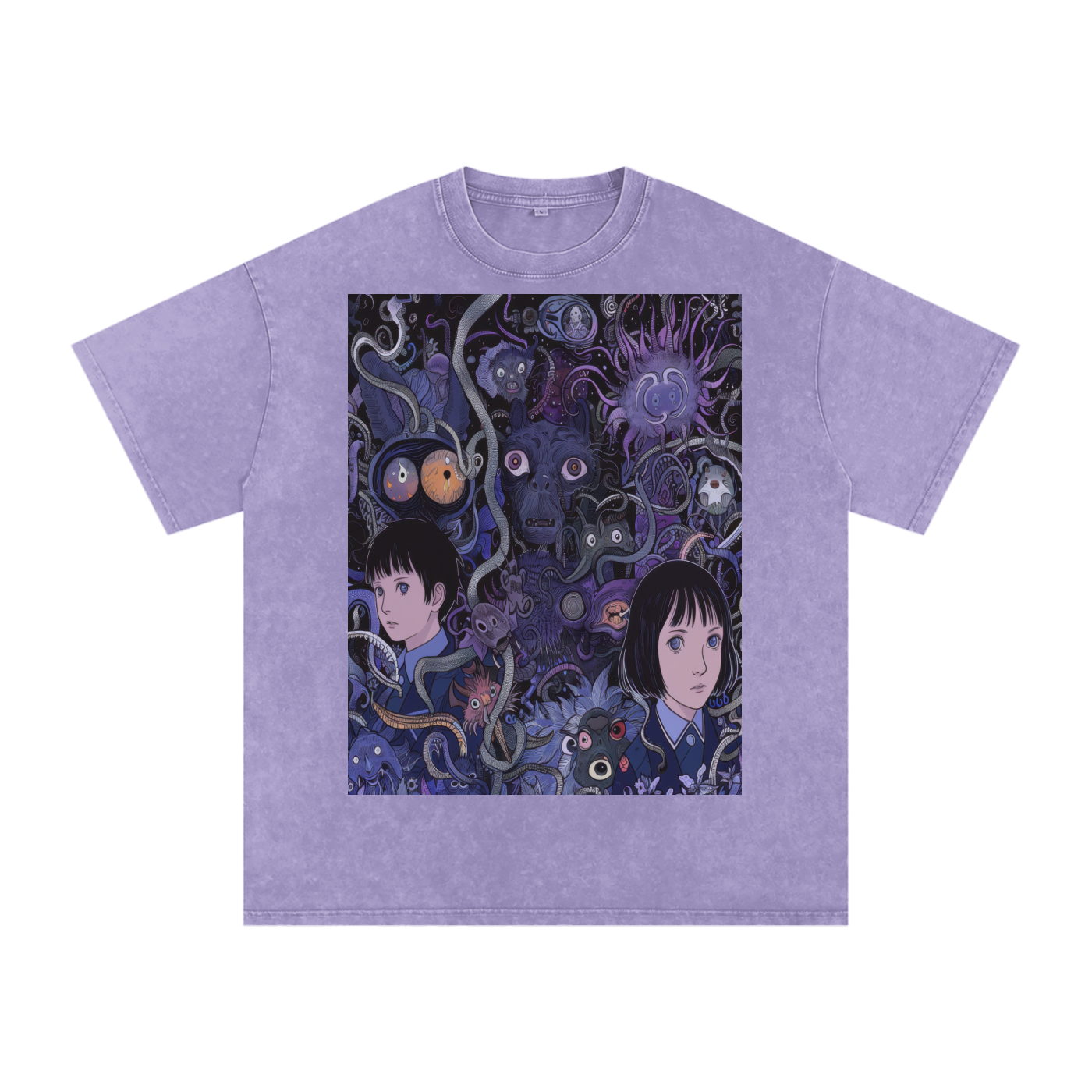 Purple Horror Anime Vine Creature Scene Unisex Tee Snow Washed Oversized Cotton T-Shirt