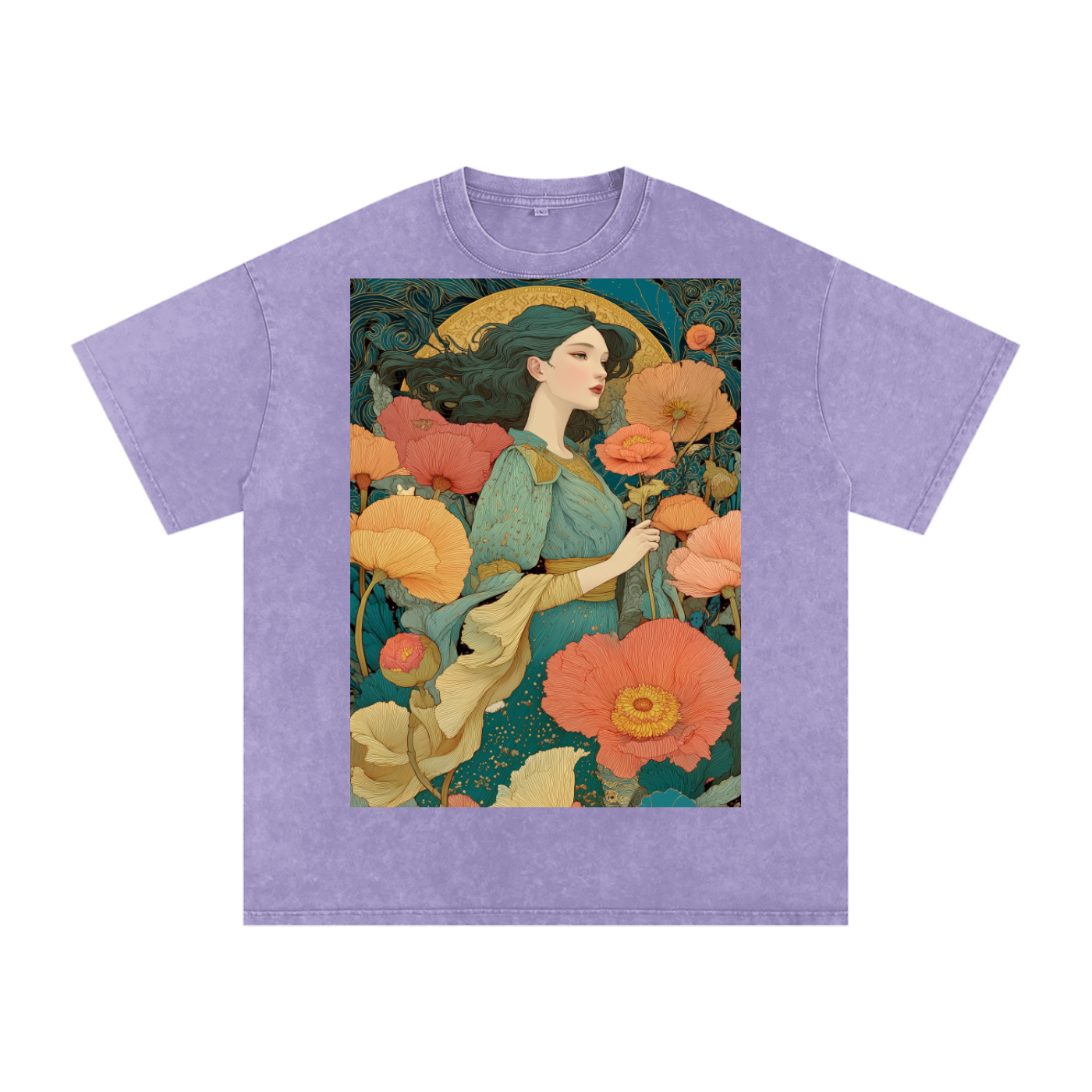 Teal Floral Nouveau Moon Field maiden Snow Washed Oversized Cotton T-Shirt