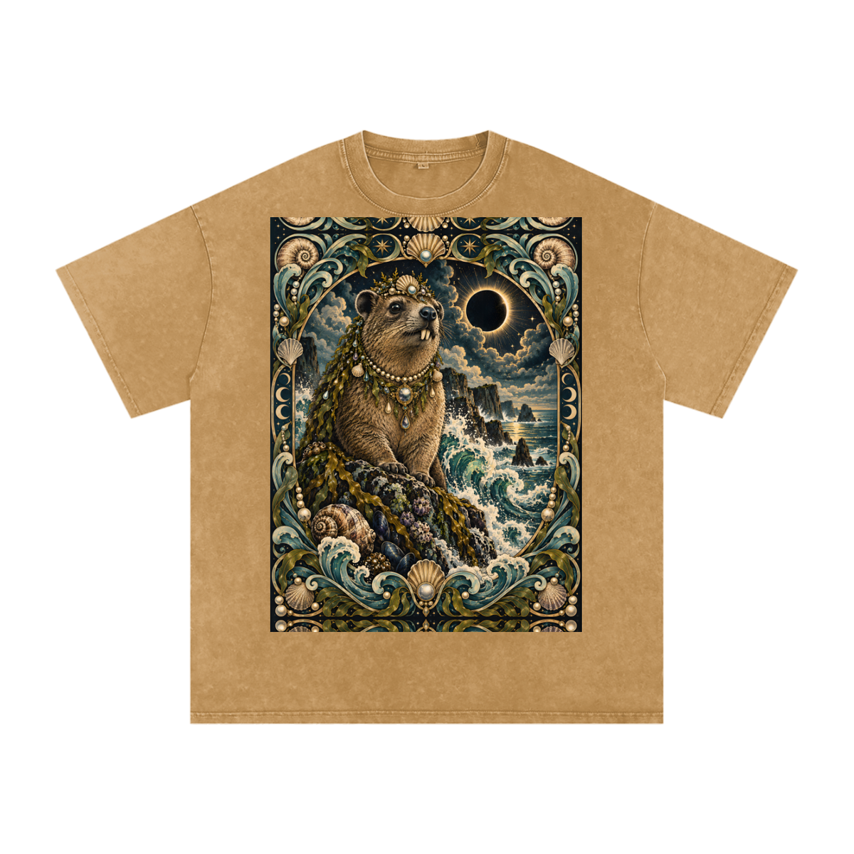 Sea Waves Hyrax Eclipse Moon Night Hyrax Royal Noble Steed Grunge Tooth Snow Washed Oversized Cotton T-Shirt
