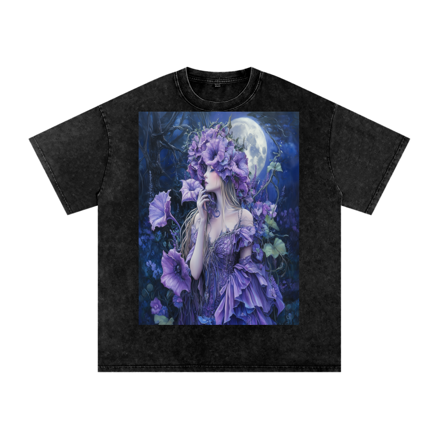 Lavender Datura Moon lit Trumpet Flower Fairy Snow Washed Oversized Cotton T-Shirt