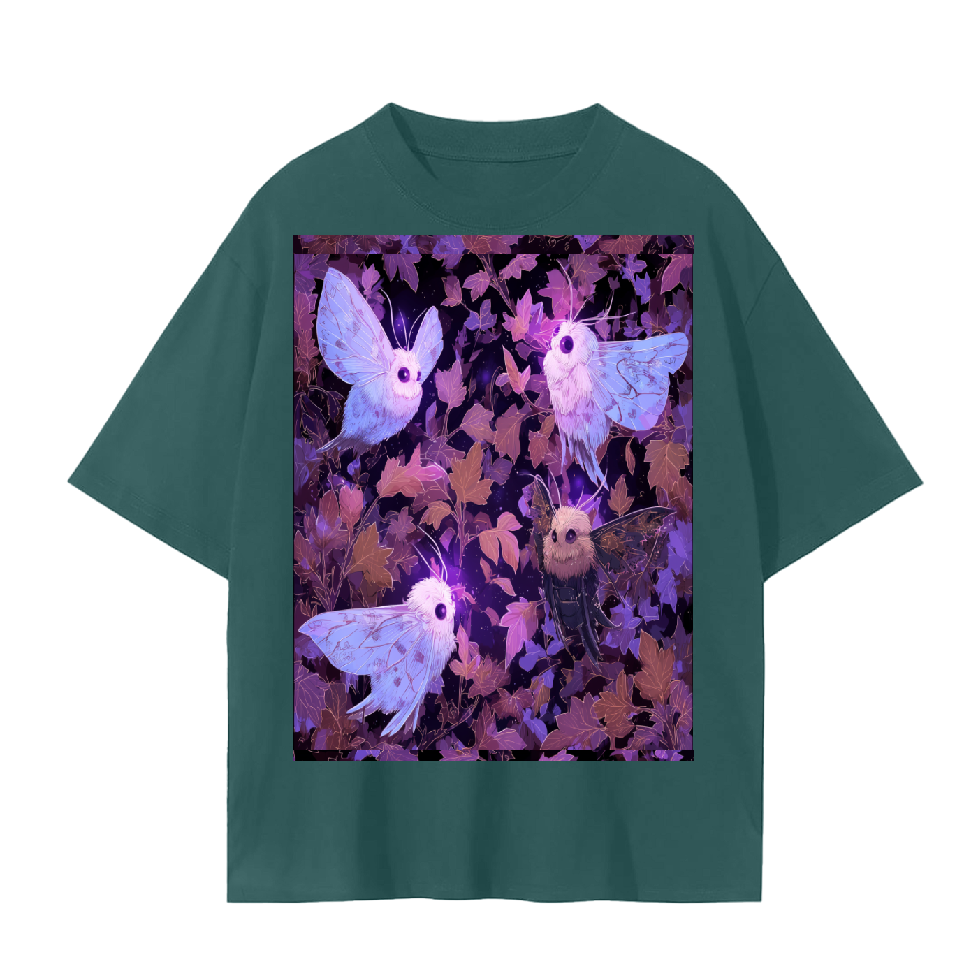 Fall White Fluffy Big Eye Moth Parade Moonlight Leaves Anime Night Unisex Seamless T-Shirt