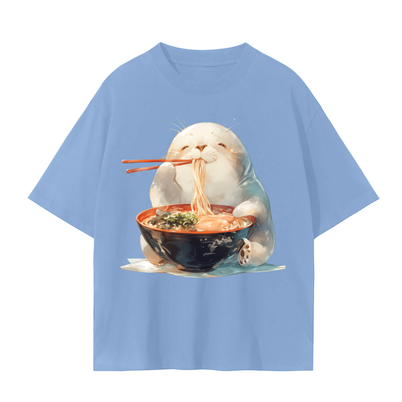Happy Chibi Anime Seal Eating Ramen with Chopsticks Unisex Seamless T-Shirt