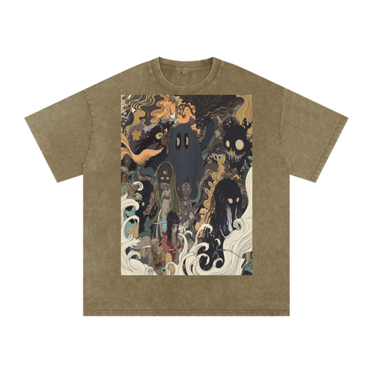 Yokai Parade Graphic Tee | Japanese Folklore Shirt, Vintage Anime Streetwear, Dark Fantasy Graphic Festival T-Shirt Snow Washed Oversized Cotton T-Shirt
