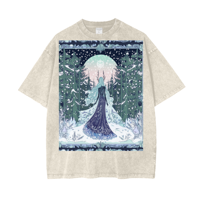 Winter Goddess Maiden Enters Full Moon Woodland Tree Sky Border Acid Wash Oversize T-Shirt - 250 GSM