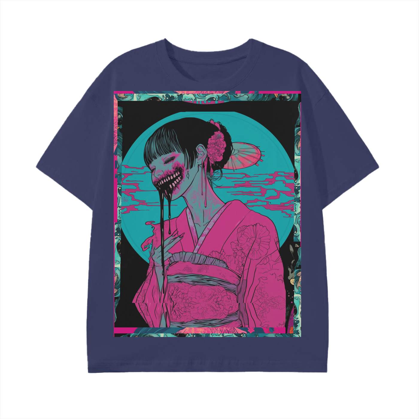 Kibuki Edo Pink Kimono Teal Moon Beach Night Dark Yokai Ohaguro Woman Unisex Classic T-Shirt - 180 GSM