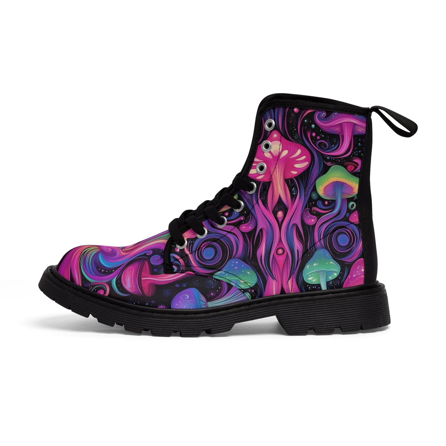 UV Alien Goddess Mushroom Glow SpaceShip Pink Purple Aqua Pastel Psychedelia Swirl Men's Canvas Boots