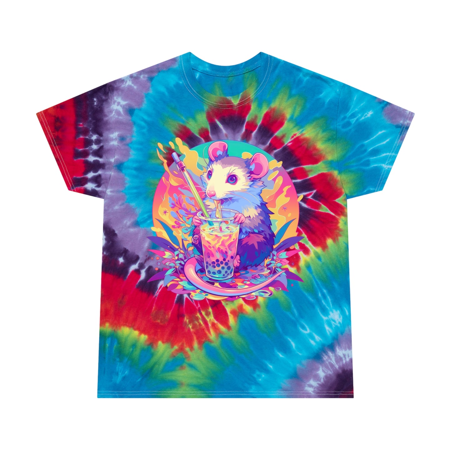 Pastel Opossum Psychedelic Swirl Boba Drip Tee Tie-Dye Tee, Spiral