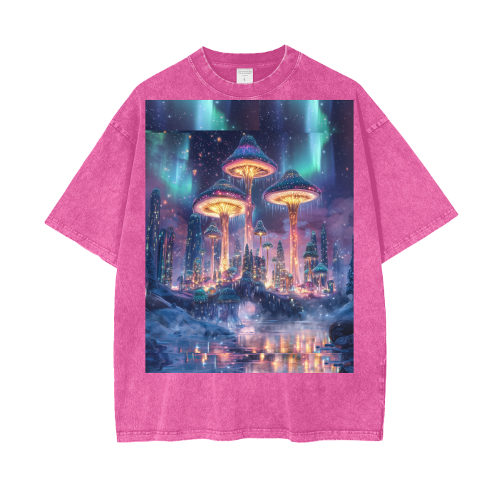 Mushroom City Northern Lights Borealis Bridge Psychedelic Dreamscape Festival Psy Streetwear Acid Wash Oversize T-Shirt - 250 GSM