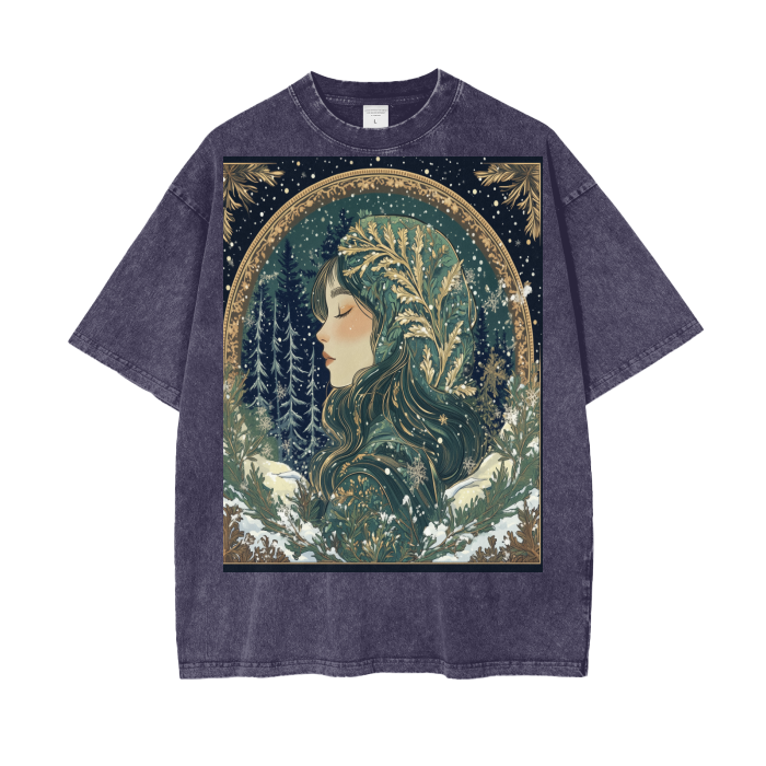 Gold Green Rustic Anime Silhoutte Border Snow Fairy Lady of the Woods Streetwear Acid Wash Oversize T-Shirt - 250 GSM