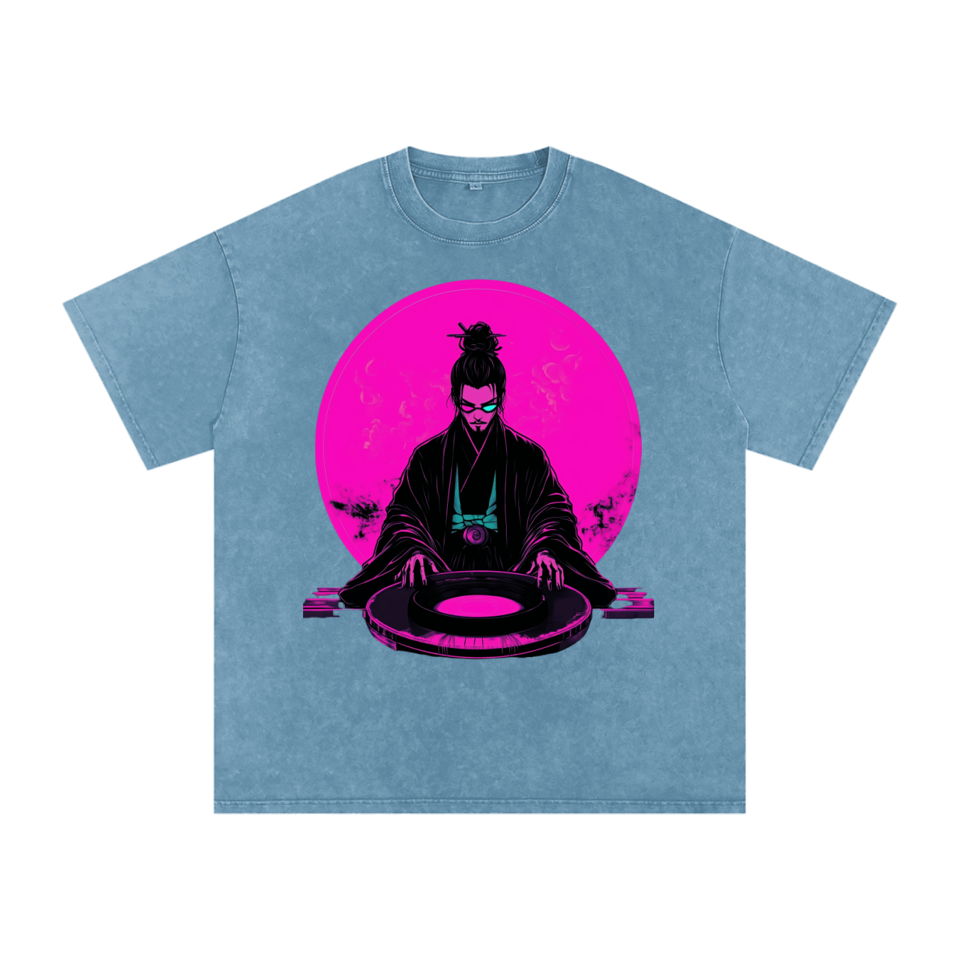 Neon Moon DJ Edo Samurai Wizard Traveler Grunge Punk Rave Festival Acid Wash Oversize T-Shirt - 250 GSM