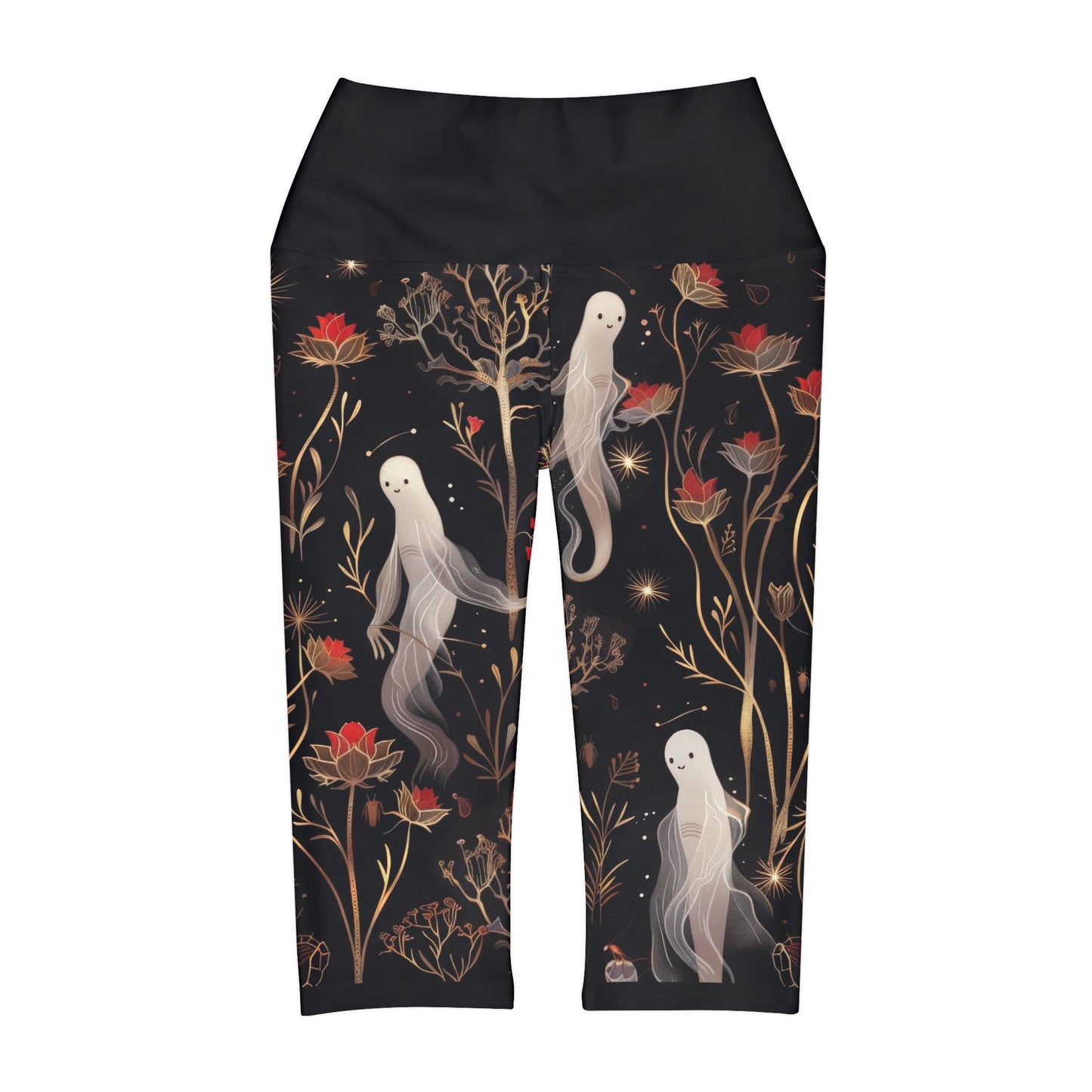 Ghost Floating Floral Night Woods Gold Shimmer Pattern Yoga Capri Leggings (AOP)