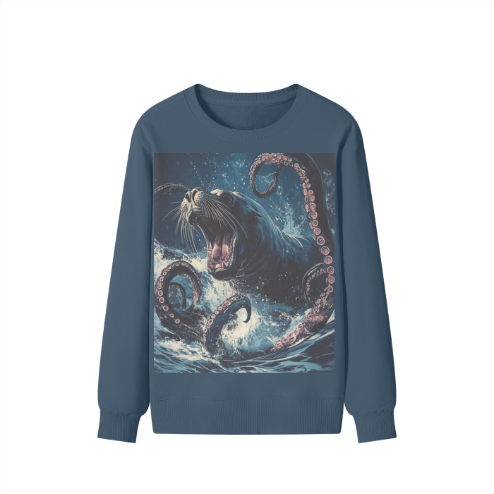 Roaring Sea Lion Kraken Rustic Sea Waves Streetwear Pullover Classic Sweater - 300 GSM