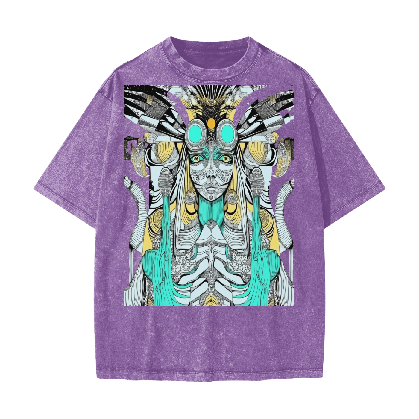 Alien Aztec Atlantean Tribal Vision Psychedelic Rave Streetwear American Vintage Waxed Dyed Washed  Heavyweight 100% Cotton T-Shirt