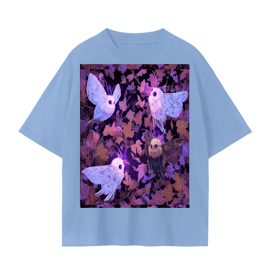 Fall White Fluffy Big Eye Moth Parade Moonlight Leaves Anime Night Unisex Seamless T-Shirt