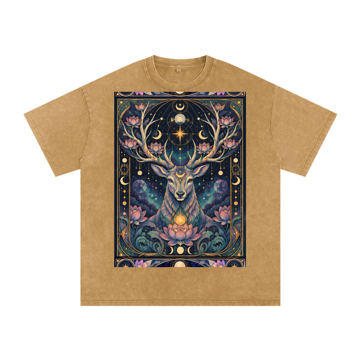 Cosmic Space Deer Lotus Moon Grunge Psy Festival Snow Washed Oversized Cotton T-Shirt