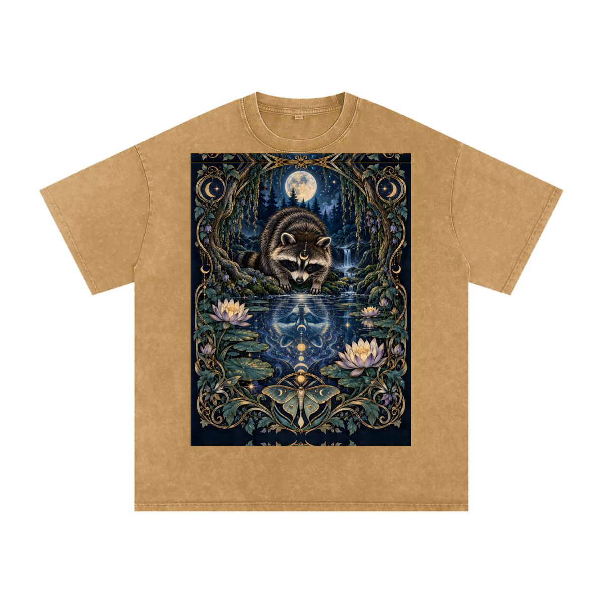 Raccoon Night Woods Lotus Reflection Fall Snow Washed Oversized Cotton T-Shirt