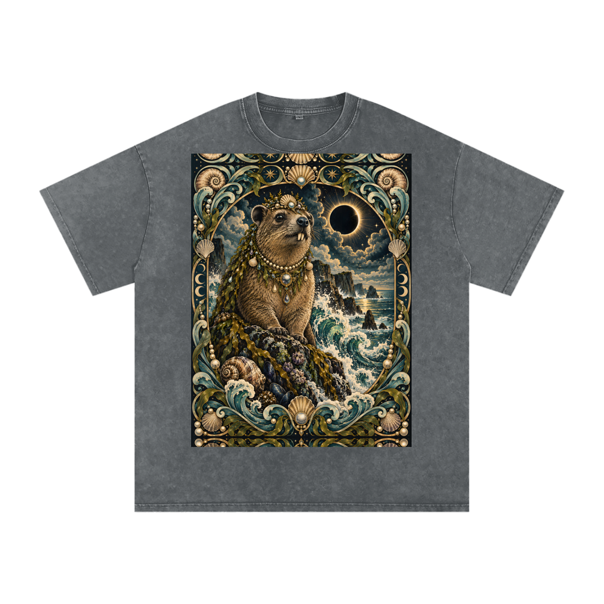 Sea Waves Hyrax Eclipse Moon Night Hyrax Royal Noble Steed Grunge Tooth Snow Washed Oversized Cotton T-Shirt