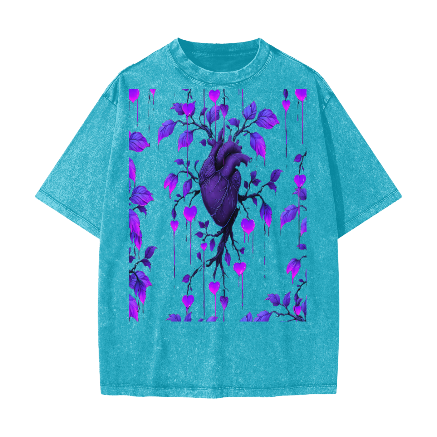 Neon Purple Heart Vine Goth Rave Festival Grunge Floral Snow Washed T-Shirt