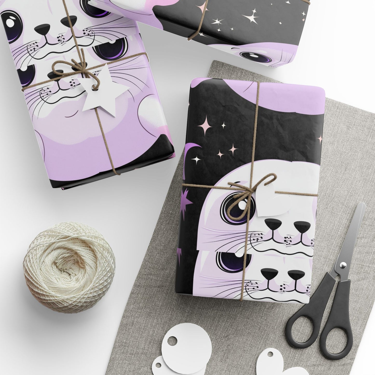 Baby Harp Seal Crescent Moon Pastel Lilac Lavender Black Wrapping Papers