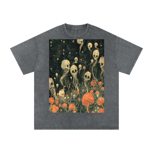 Sepia Skull Flower Hibiscus Night Garden Unisex Tee Snow Washed Oversized Cotton T-Shirt