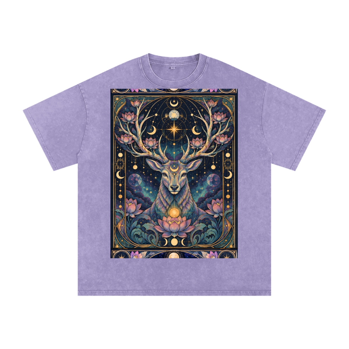 Cosmic Space Deer Lotus Moon Grunge Psy Festival Snow Washed Oversized Cotton T-Shirt
