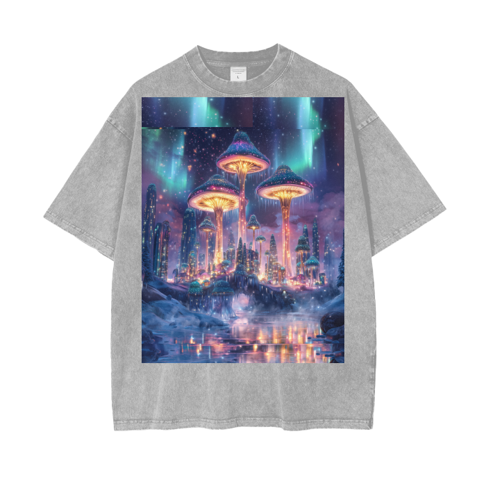 Mushroom City Northern Lights Borealis Bridge Psychedelic Dreamscape Festival Psy Streetwear Acid Wash Oversize T-Shirt - 250 GSM