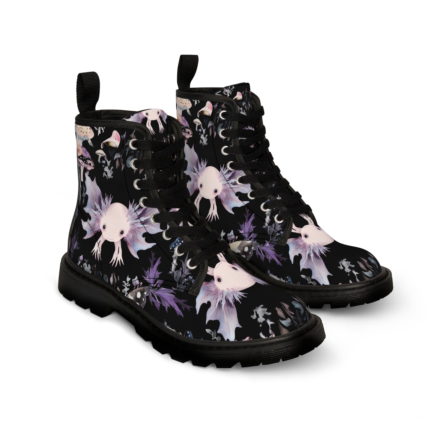 Axolotl Pastel Lilac Purple Pink Goth Black Rose Thorn Reflection Symmetry Men's Canvas Boots