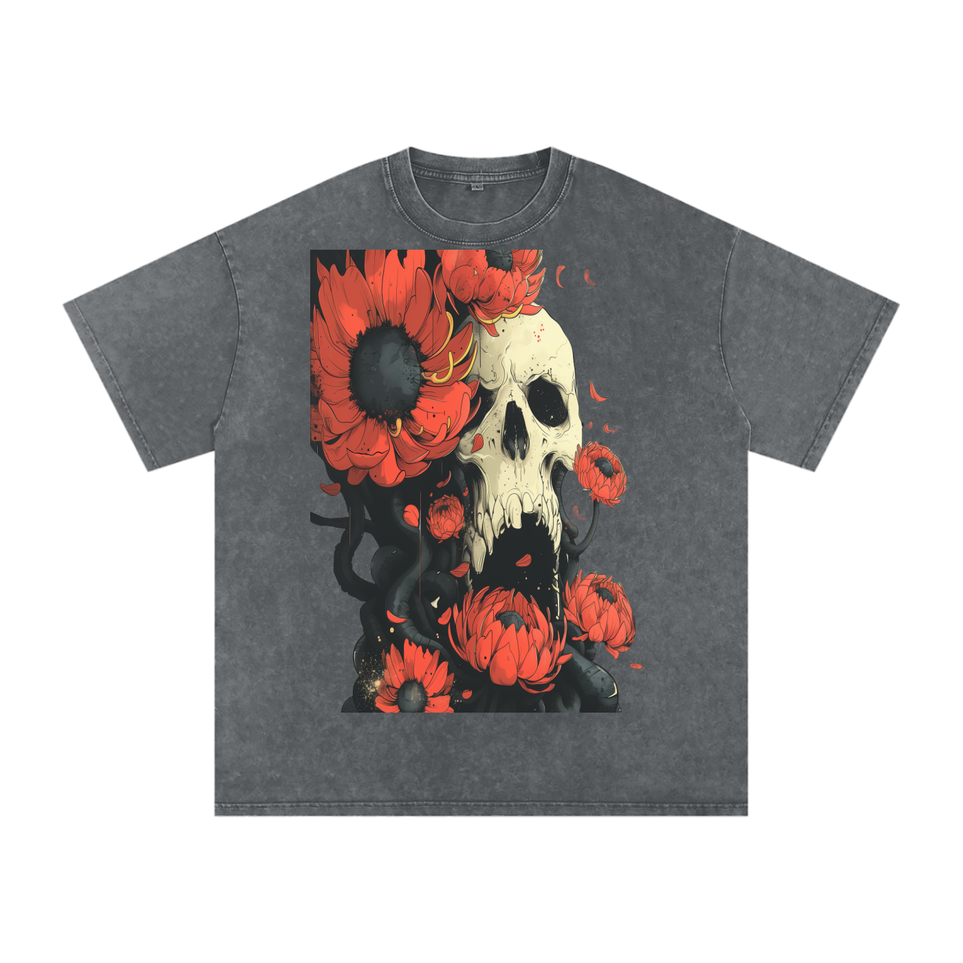 Floral Skull Sepia Goth Petal Octopi Goth Anime Unisex Tee Snow Washed Oversized Cotton T-Shirt