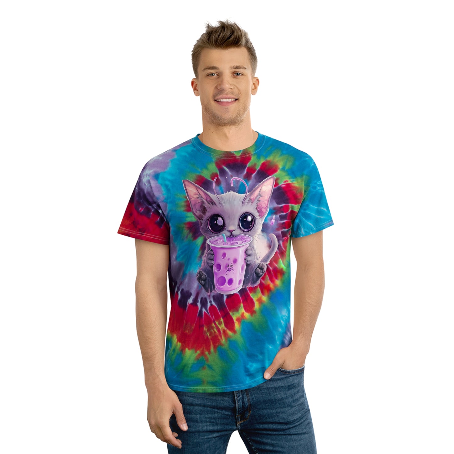 BobaCat Chibi big eyes Pastel Tie-Dye Tee, Spiral