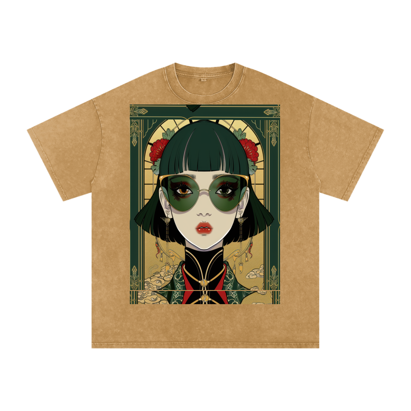 Green Steam Punk Avant Anime lady Unisex Tee Snow Washed Oversized Cotton T-Shirt