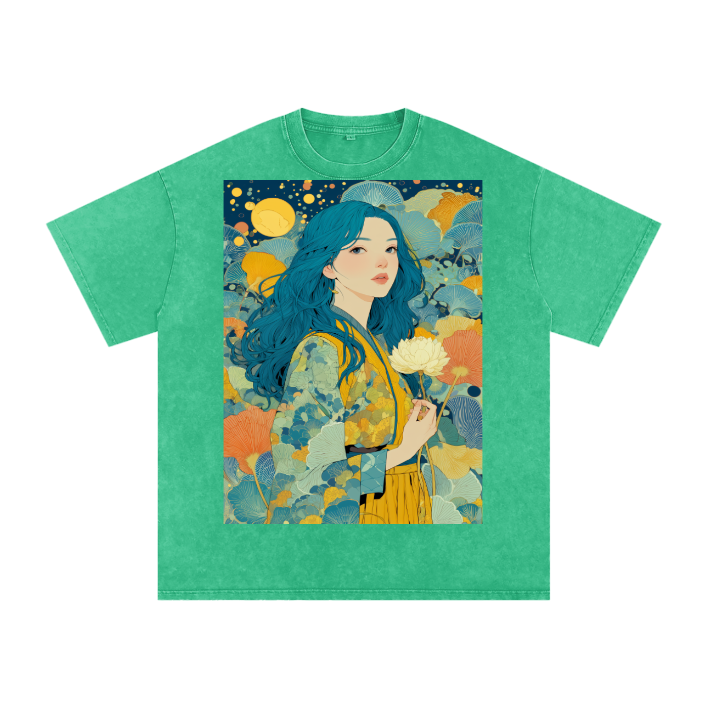Teal Full Moon Lotus Goddess Psychedelic Art Nouveau Snow Washed Oversized Cotton T-Shirt