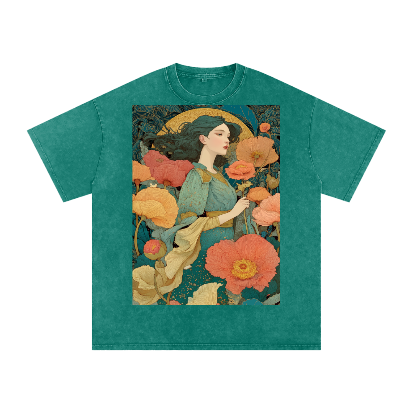 Teal Floral Nouveau Moon Field maiden Snow Washed Oversized Cotton T-Shirt