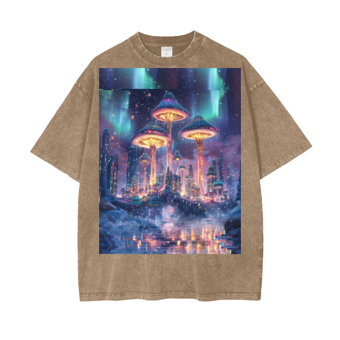 Mushroom City Northern Lights Borealis Bridge Psychedelic Dreamscape Festival Psy Streetwear Acid Wash Oversize T-Shirt - 250 GSM