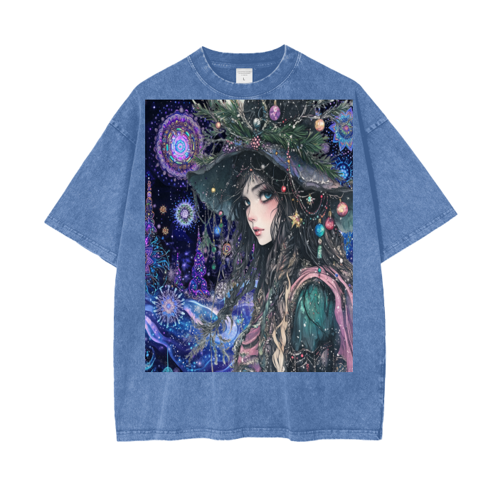 Winter Holiday Christmas Foliage Tree Goddess in the woods of Fractal psychedelic Neon Sky Acid Wash Oversize T-Shirt - 250 GSM