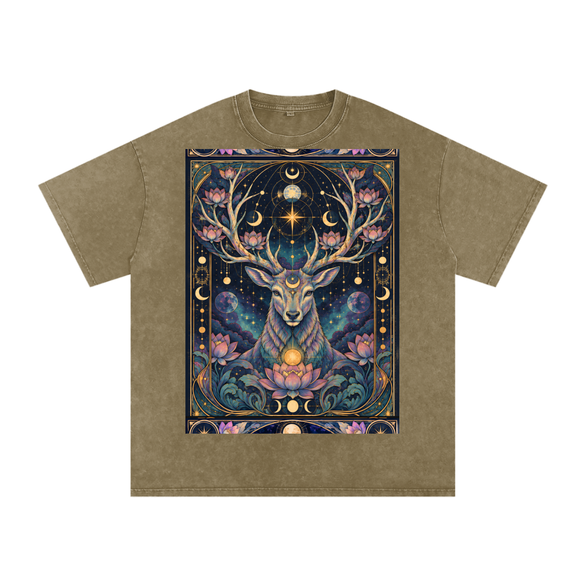 Cosmic Space Deer Lotus Moon Grunge Psy Festival Snow Washed Oversized Cotton T-Shirt