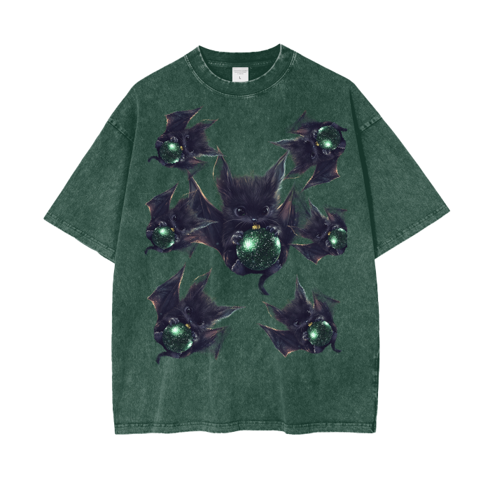 Glitter Chibi Anime Reflective Bat Swarm Green Christmas Ball Ornament Acid Wash Oversize T-Shirt - 250 GSM