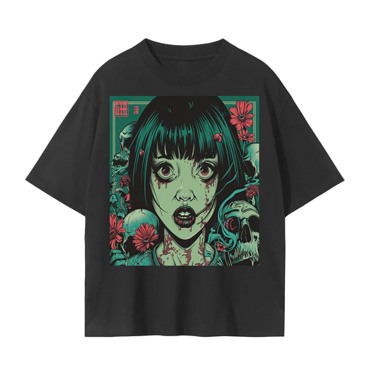 Brutalism Green Face Anime Skull Girl Tattoo Red Floral Unisex Tee Unisex Seamless T-Shirt