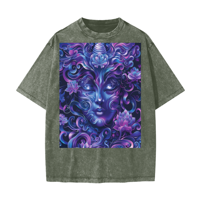 Purple Ultramarine Blue Shaman Woodland Enchanted Forest Deity Festival Psy Streetwear American Vintage Waxed Dyed Washed  Heavyweight 100% Cotton T-Shirt