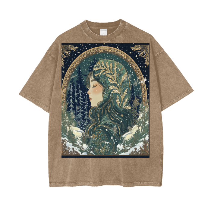 Gold Green Rustic Anime Silhoutte Border Snow Fairy Lady of the Woods Streetwear Acid Wash Oversize T-Shirt - 250 GSM