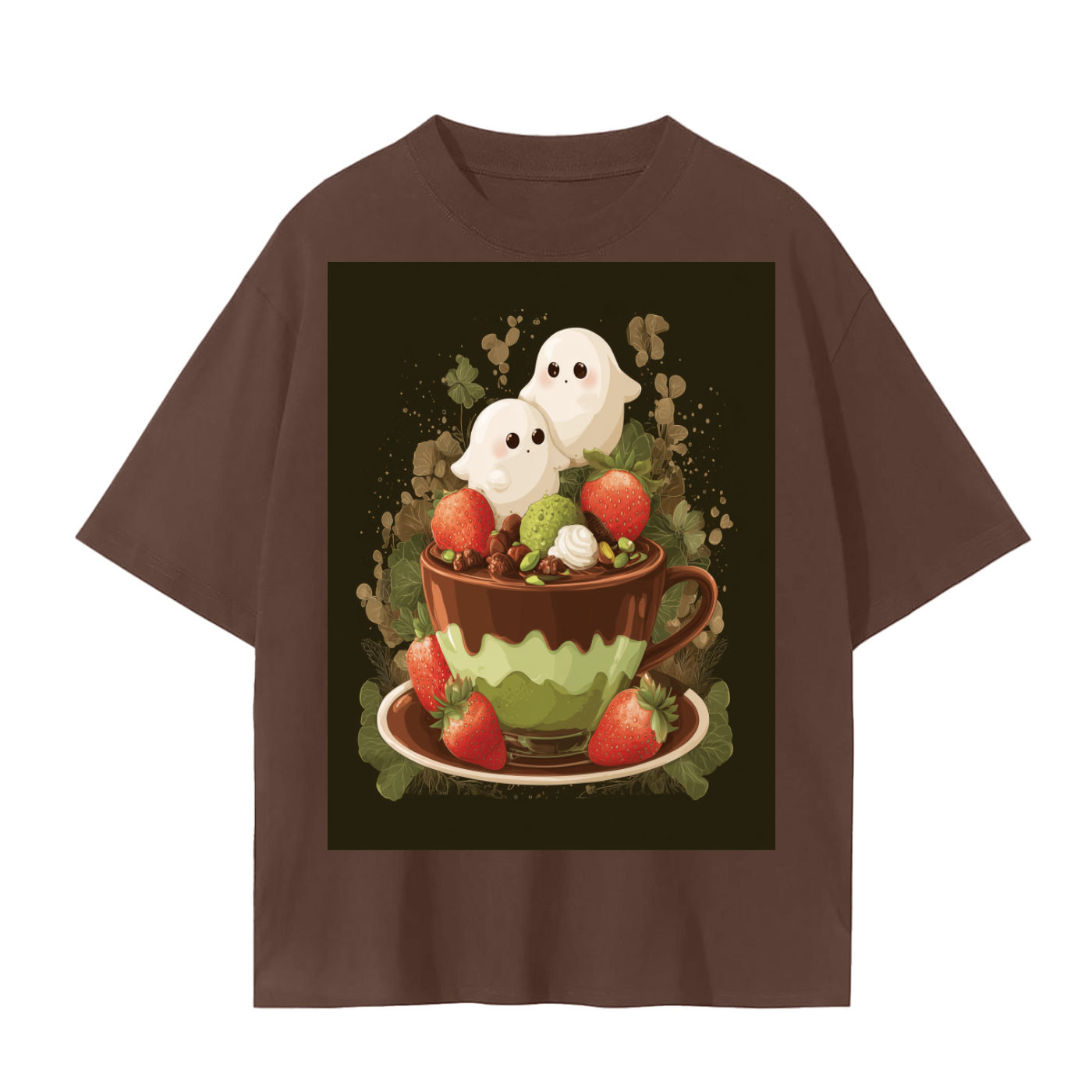 Anime Dubai Chocolate PIstachio Strawberry Cup of Chibi Ghost Kawaii Desert Latte Unisex Seamless T-Shirt