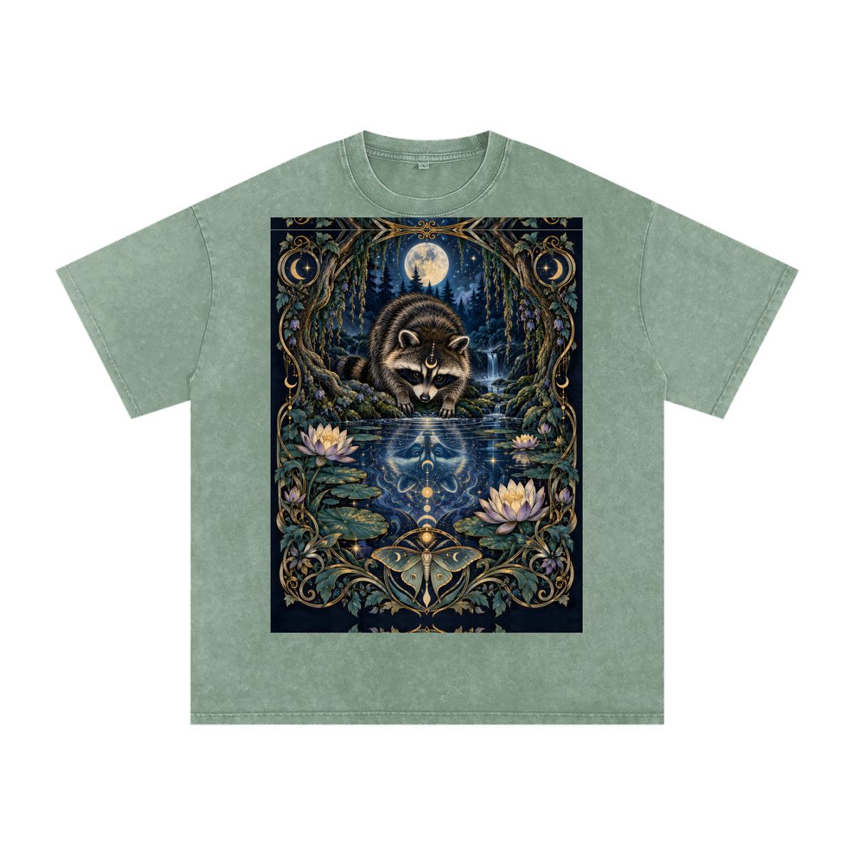 Raccoon Night Woods Lotus Reflection Fall Snow Washed Oversized Cotton T-Shirt