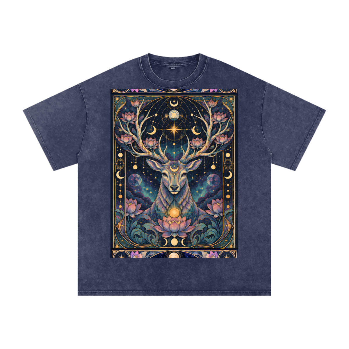 Cosmic Space Deer Lotus Moon Grunge Psy Festival Snow Washed Oversized Cotton T-Shirt