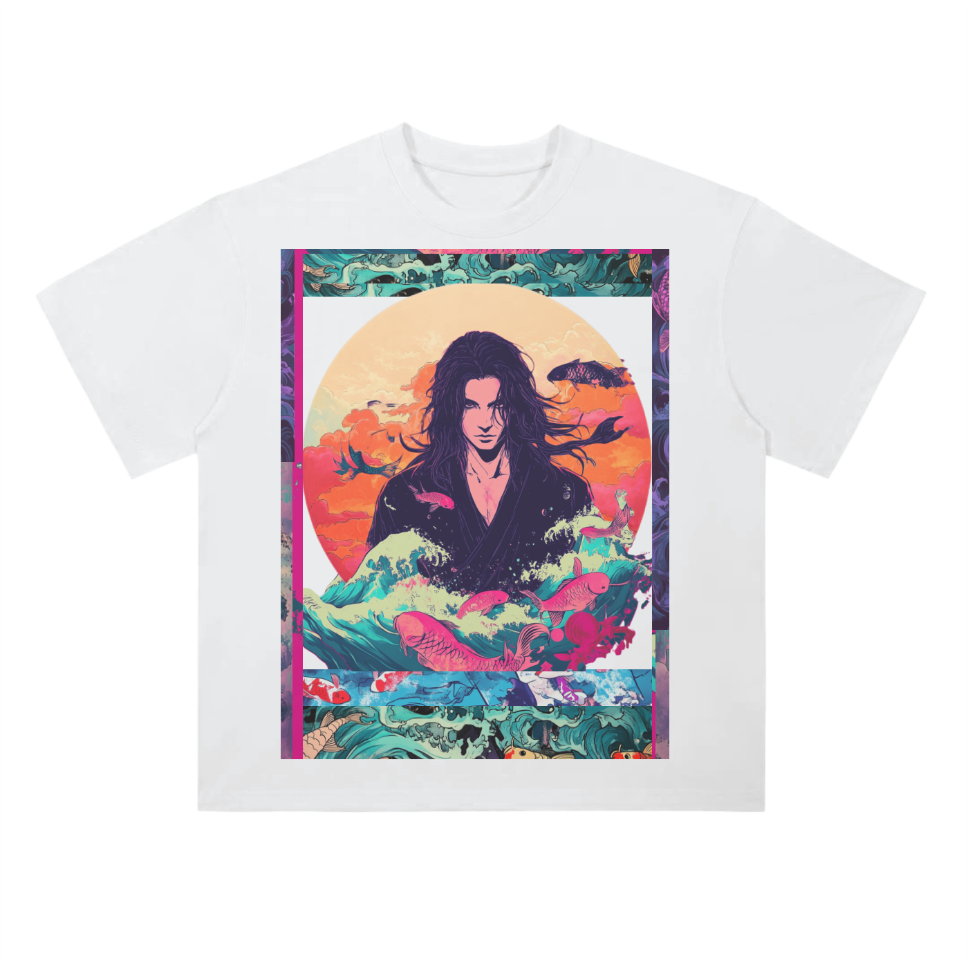 Retro Beach Koi Edo Shaman Kibuki Man Beach Wave Sun Melt Skyline Vision Graphic Drop Shoulder T-Shirt