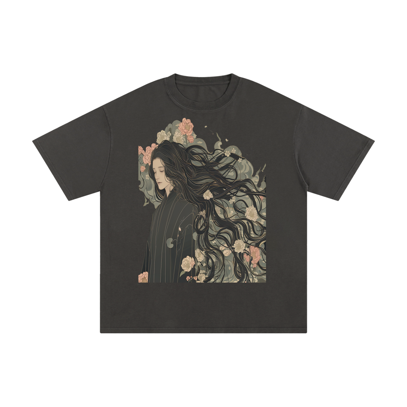 Floral Grey Elegant Cherry Blossom Kimono Man long hair Pure Cotton T-Shirt