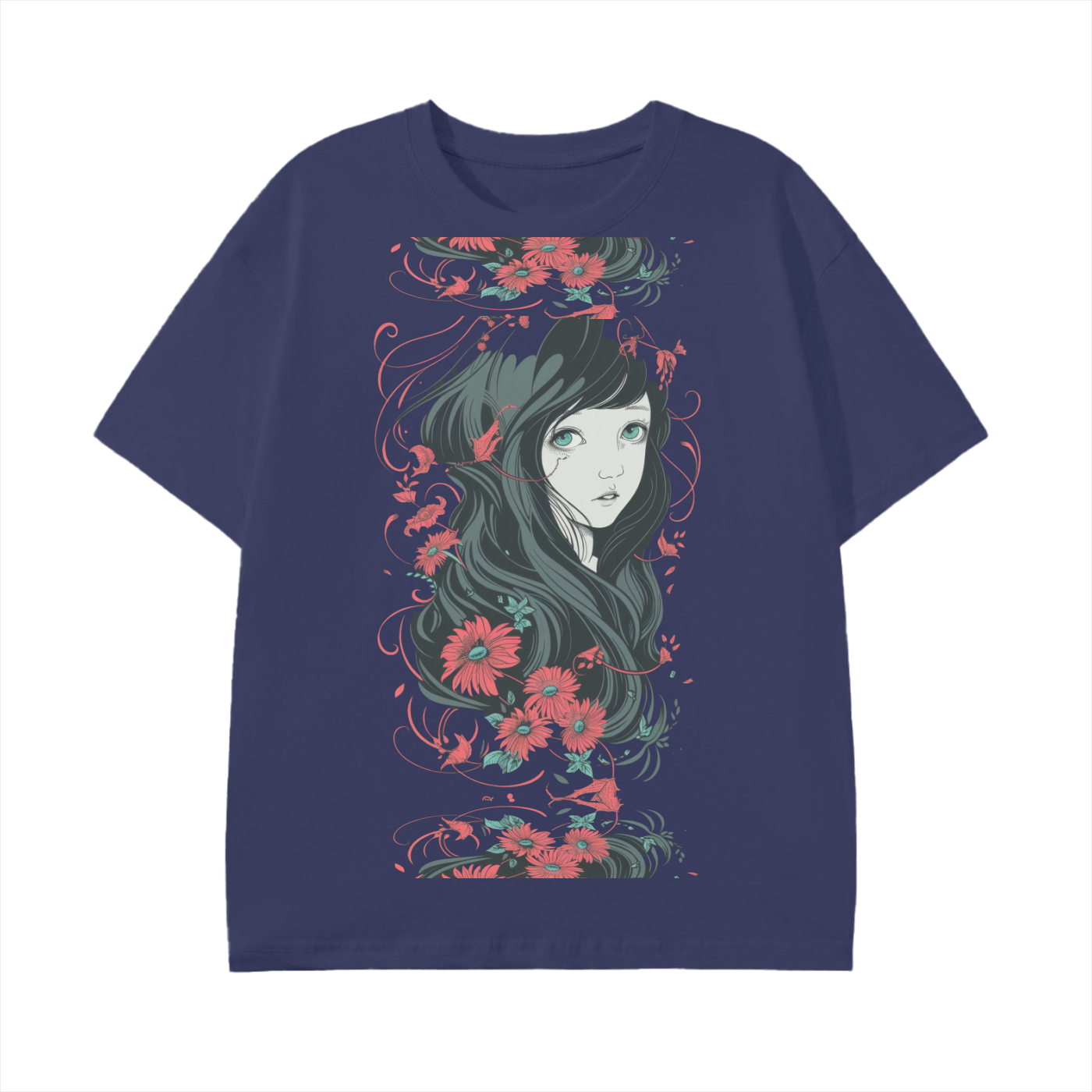 Black Charcoal Grey Floral Girl Profile Anime Unisex Reflective Mirror Profile Graphic Unisex Classic T-Shirt