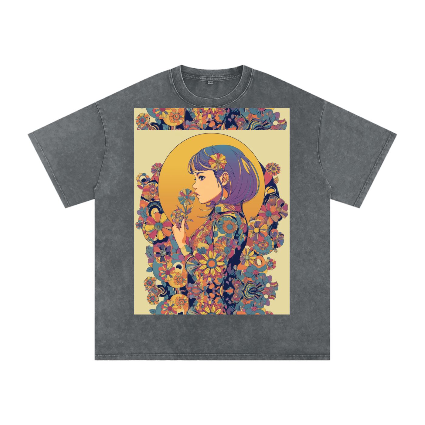 Retro Moon Boho Flapper Nouveau floral flower Maiden Snow Washed Oversized Cotton T-Shirt