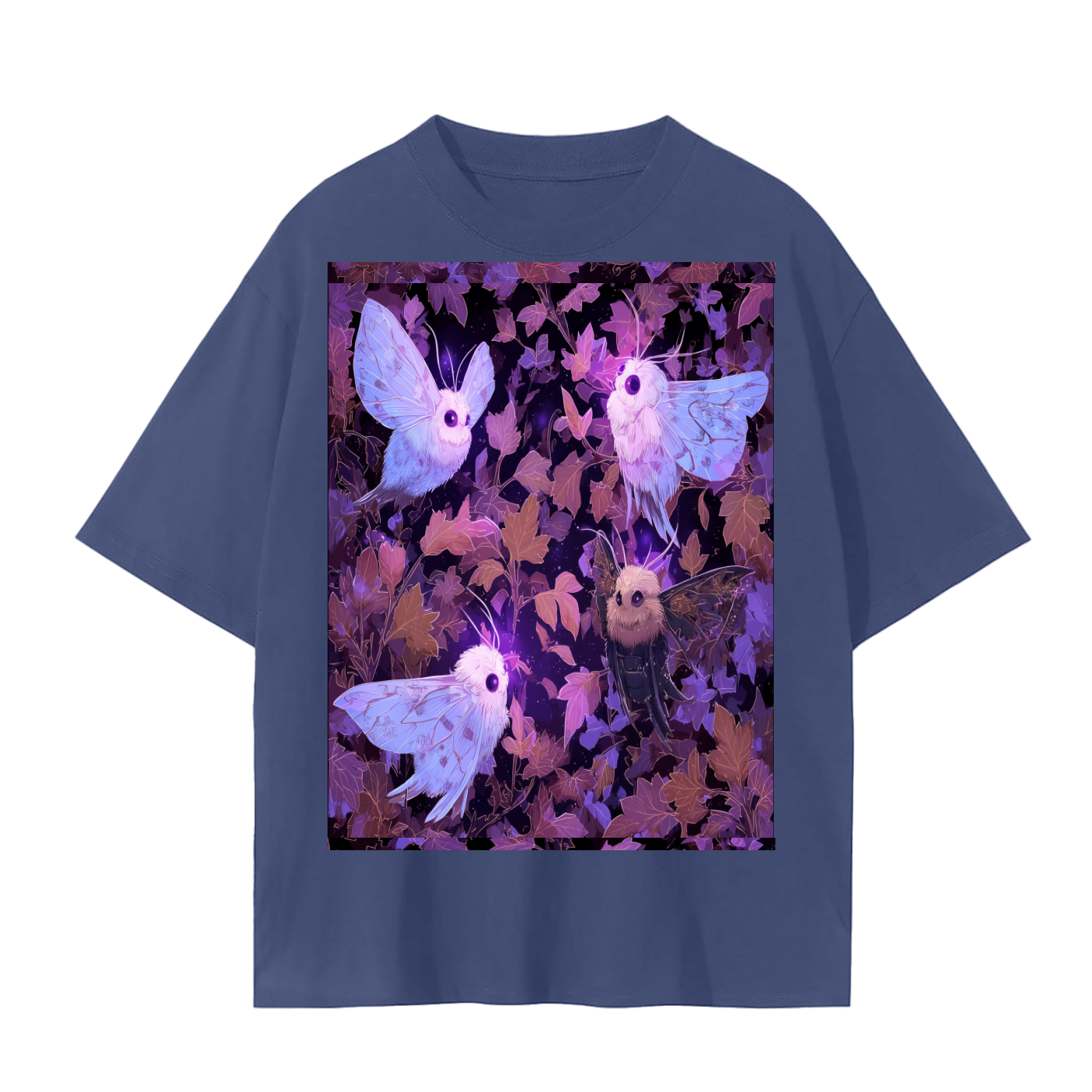 Fall White Fluffy Big Eye Moth Parade Moonlight Leaves Anime Night Unisex Seamless T-Shirt