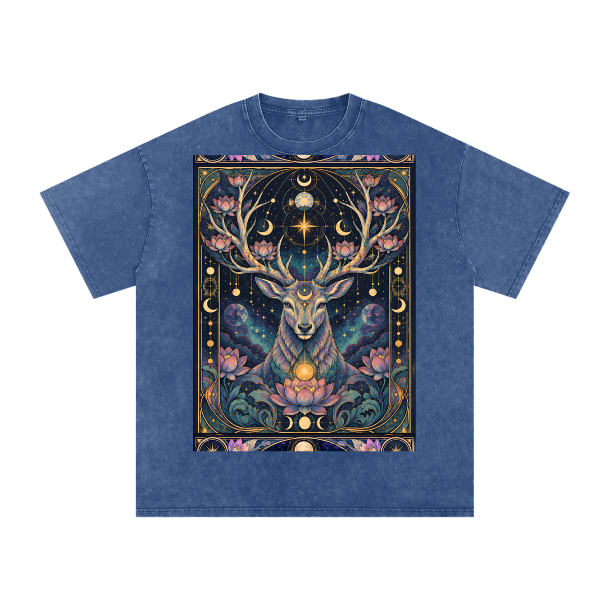 Cosmic Space Deer Lotus Moon Grunge Psy Festival Snow Washed Oversized Cotton T-Shirt