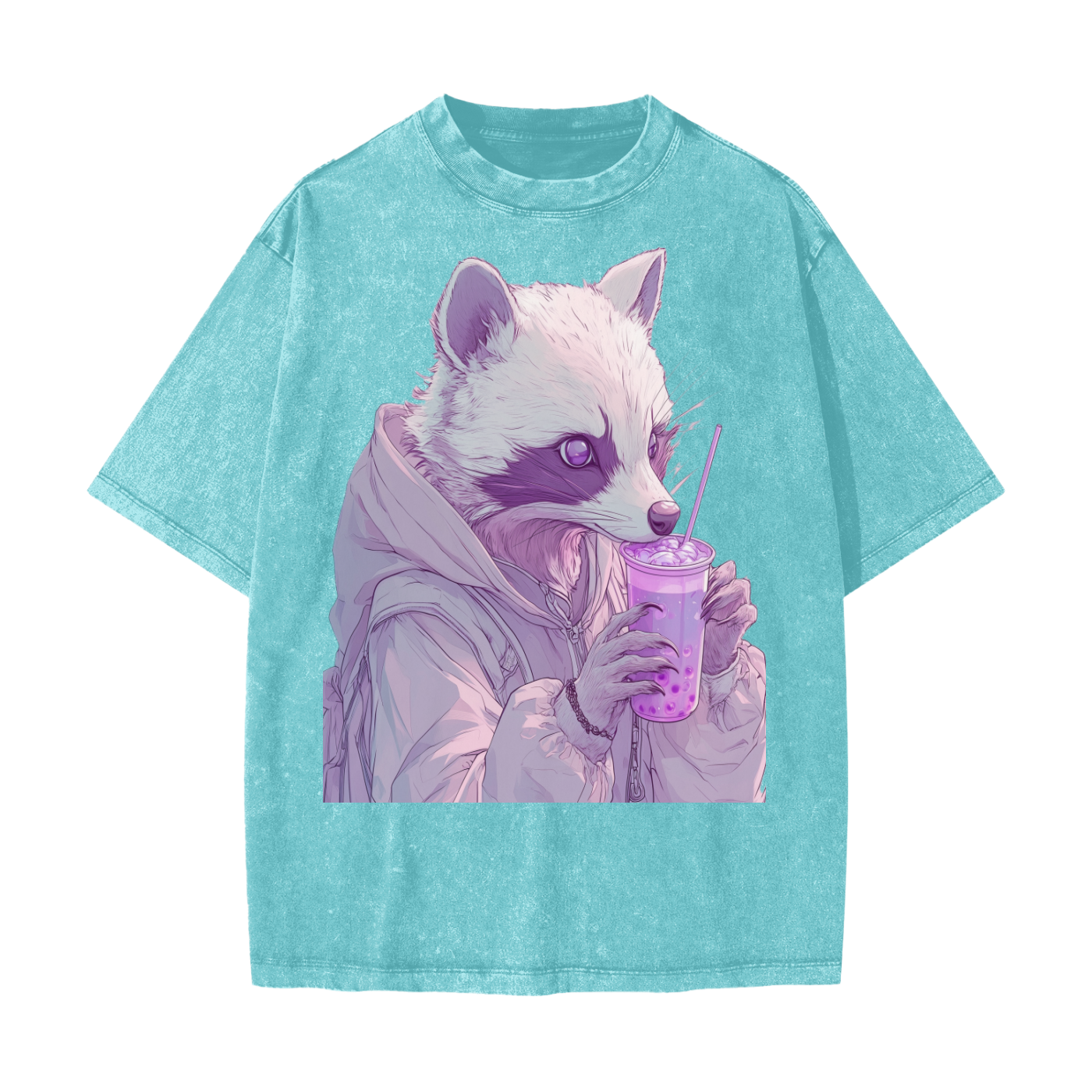 Pastel Pink Lavender Racoon Rainy Day Grunge Punk Anime Boba Tea Boyfriend fit  Acid Wash Oversize T-Shirt - CottonHeavyweight Snow Washed T-Shirt