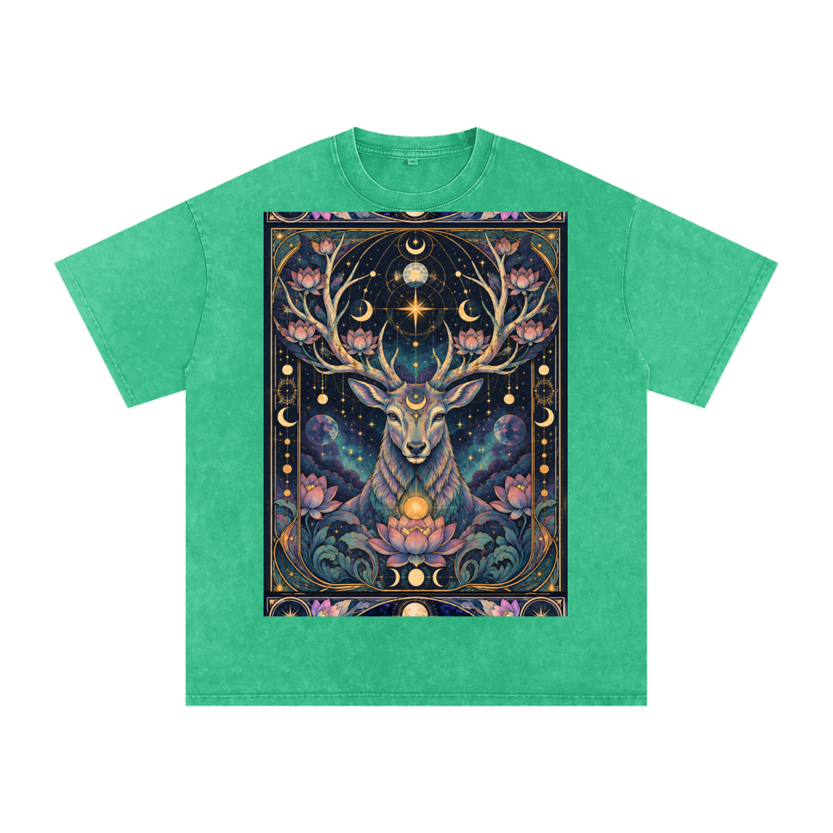 Cosmic Space Deer Lotus Moon Grunge Psy Festival Snow Washed Oversized Cotton T-Shirt